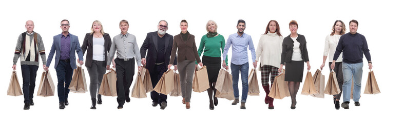 a line of people with shopping bags isolated