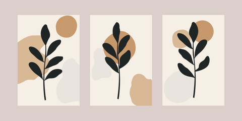 Set of minimalist poster design botanical leaf branch abstract collage bohemian aesthetic boho art prints mid century modern wall art decoration