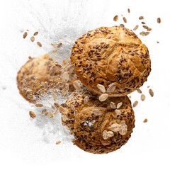 Delicious grain baking flying in air. Bakery products concept - obrazy, fototapety, plakaty