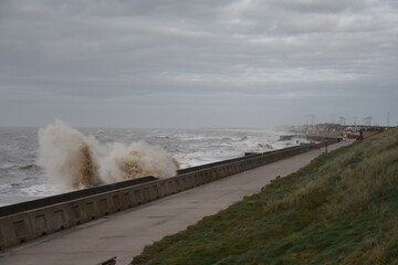 Huge waves crashing over the sea wall. Taken in Blackpool Lancashire England. 
