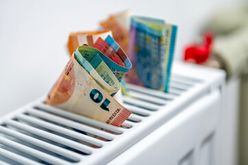 euro banknotes in a central heating radiator, the concept of expensive heating costs, closeup