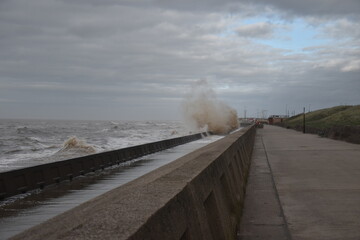 Huge waves crashing over the sea wall. Taken in Blackpool Lancashire England. 
