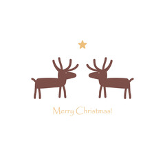 Two Deer or Moose and Star. Merry Christmas card, can de also used as Logo in Simple Doodle Style. Stylish Cartoon Elk Silhouettes isolated on white. Vector Illustration.