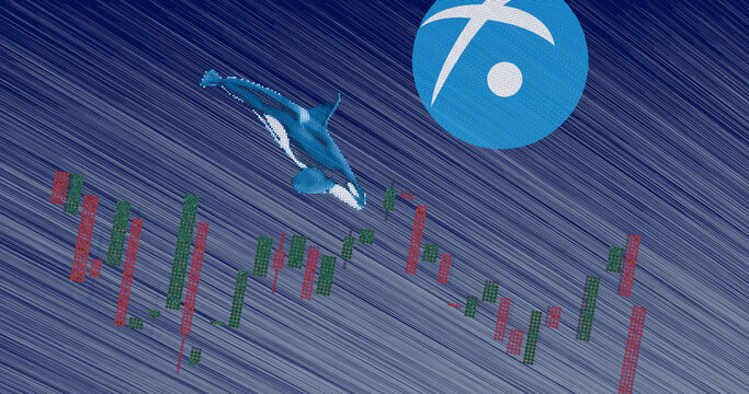 November 11th 2022, London UK. An import move of Fusion (FSN) coin is analyzed. Illustration of a whale diving into a exchange graph to invest