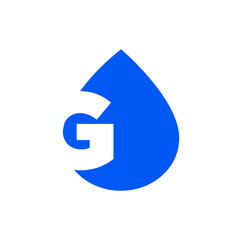 Blue G letter with water drop icon. G brand monogram.