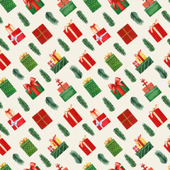 Christmas gifts. seamless pattern. Hand drawn watercolor illustration.