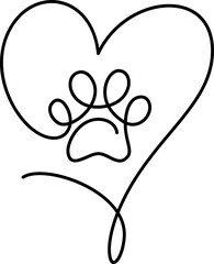 Cat or dog paw with big heart in continuous one line drawing logo. Minimal line art. Animal foorprint in frame. Pet love concept