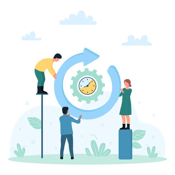 Online system and software updates and upgrades vector illustration. Cartoon tiny people holding arrow cycle symbol with gear and clock inside, working with renewal version of program product
