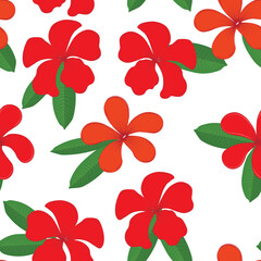 Floral seamless pattern. Tropical red flowers. Plumeria. Vector stock illustration. Golden palm leaves.