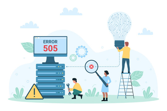 Server unavailable, hardware problem vector illustration. Cartoon tiny person holding magnifying glass to find connection error, dark light bulb connecting by broken wire to computer equipment