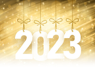 Hanging 2023 sign yellow brush strokes background.