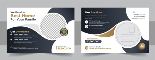 Real Estate Postcard Vector Template , Modern & Elegant Postcard Template For Home Sale