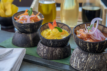 Typical colombian food and drinks, chocolate dessert with fruits