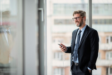 Confident businessman having a phone call and wearing suit and tie while standing at the office