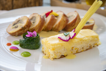 Typical colombian food and drinks, stuffed chicken