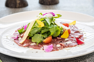 Typical colombian food and drinks, chocolate dessert with fruits