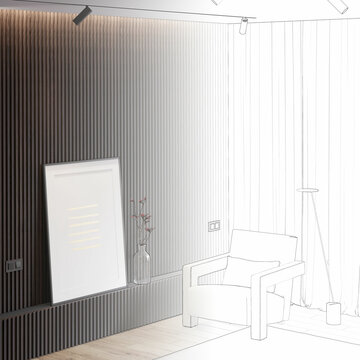 A sketch becomes a modern minimalist interior with a branch of rowan in a bottle near a vertical poster on a pedestal, a floor lamp, and a modern chair near a window with curtains. 3d render