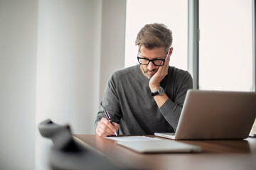 Middle aged businessman using laptop at the office