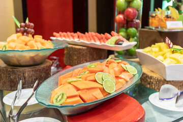 Typical colombian food and drinks, breakfast, bread, dinner and dessert buffet