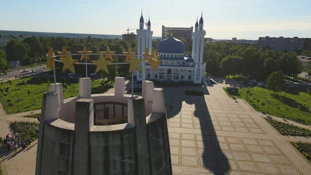 Aerial: Monument of Memory and Unity installed in the city of Maikop