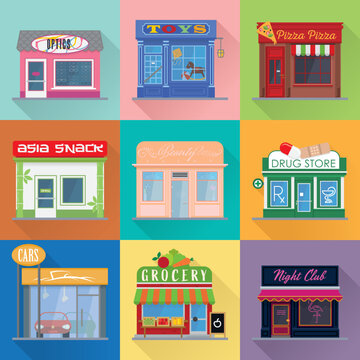 Second set of 9 flat design long shadow shops, stores and venues facades. Cute storefronts and colorful buildings like restaurants, dealerships and other facilities.