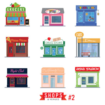 Second set of 9 flat design shops, stores, and venues buildings. Cute storefronts and colorful facades of restaurants, dealerships and other facilities. 
