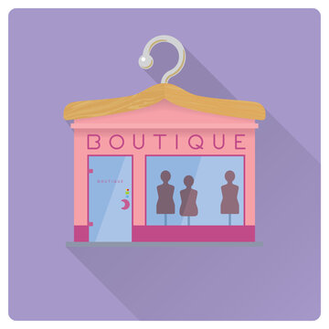 Flat design long shadow boutique storefront. Cute fashion store building vector illustration.