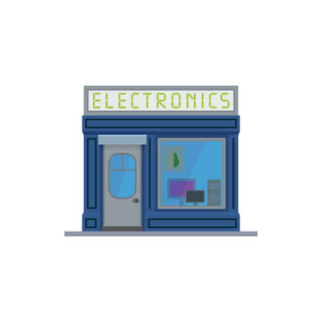 Flat design isolated electronics store. Cute computer shop building vector illustration