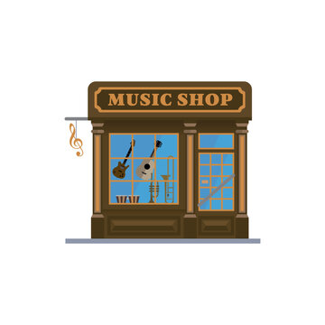 Flat design isolated music shop. Cute musical instruments store building vector illustration