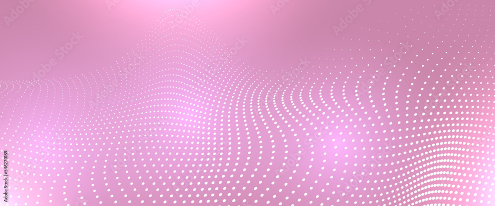 Poster abstract background with dynamic waves, line and flowing particles on pink background. digital futur