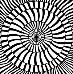 Black and white hipnotic optical illusion abstract pattern with many circles and stripes line background. Decorative coloring page for kids and adult.