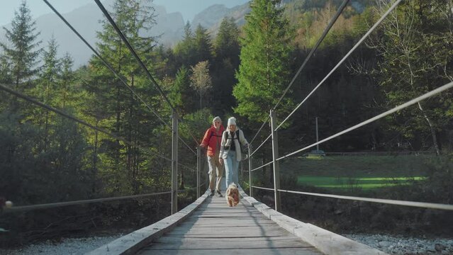 Father and daughter and their small Havanese puppy crossing the wodden hanging bridge over the clear blue river. They are enjoying peaceful moments in the nature. Healthy lifestyle and active hobby. S
