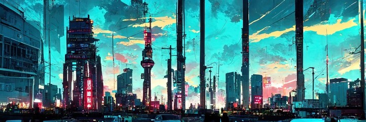 Futuristic city skyline. sci-fi. fantasy scenery - obrazy, fototapety, plakaty
