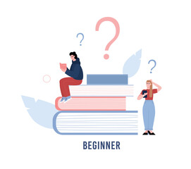 Beginner skill level with frustrated people on books - flat vector illustration isolated on white background.