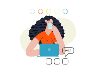 Sell online - Online shopping and electronic commerce series - modern flat vector concept illustration of a woman selling online with a laptop. Promotion, discounts, sale and online orders concept