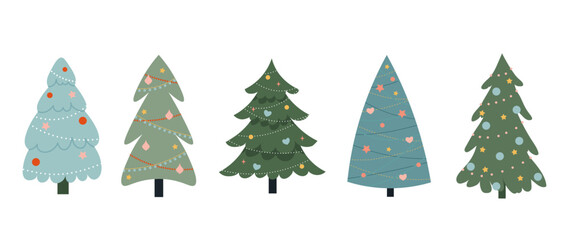 Collection of Christmas decorations isolated, trees with toys and a garland. Colorful vector illustration in a flat cartoon style on a white background, hand drawn.
