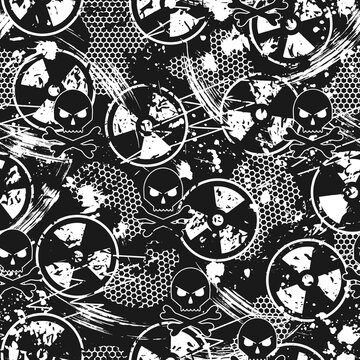Seamless black and white camouflage pattern with ionizing radiation symbol, paint brush strokes, skull and crossbones, hexagon net. Good for apparel, fabric, textile, sport goods. Grunge texture