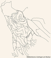 Detailed navigation black lines urban street roads map of the WÄLDENBRONN MUNICIPALITY of the German regional capital city of Esslingen, Germany on vintage beige background