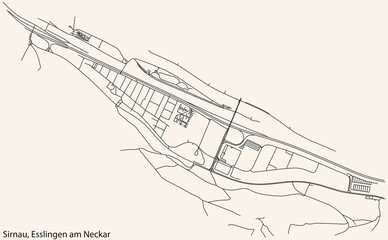 Detailed navigation black lines urban street roads map of the SIRNAU MUNICIPALITY of the German regional capital city of Esslingen, Germany on vintage beige background