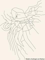 Detailed navigation black lines urban street roads map of the R&Uuml;DERN MUNICIPALITY of the German regional capital city of Esslingen, Germany on vintage beige background