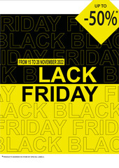 card or banner for Black Friday from November 15 to 28, 2022 in yellow and black with discounts of up to 50% on a yellow and black background