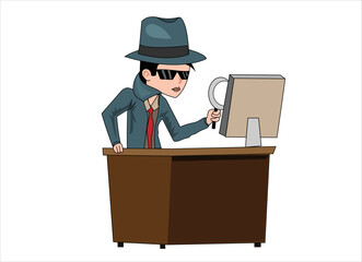 PC search man snoop detective magnifying glass tec agent. vector illustration 