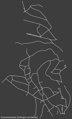 Detailed negative navigation white lines urban street roads map of the KRUMMENACKER MUNICIPALITY of the German regional capital city of Esslingen, Germany on dark gray background