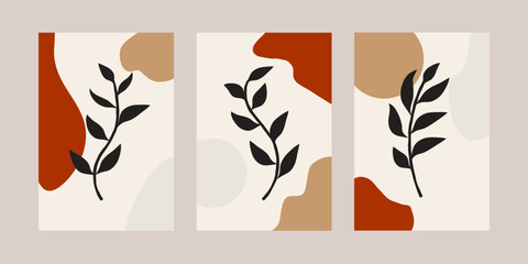 Fototapeta na wymiar Set of minimalist poster design botanical leaf branch abstract collage bohemian aesthetic boho art prints mid century modern wall art decoration