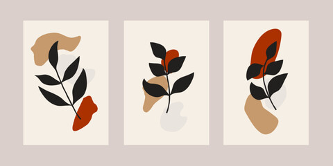 Set of minimalist poster design botanical leaf branch abstract collage bohemian aesthetic boho art prints mid century modern wall art decoration