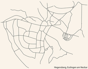Detailed navigation black lines urban street roads map of the HEGENSBERG MUNICIPALITY of the German regional capital city of Esslingen, Germany on vintage beige background