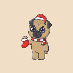 cute pug dog holding christmas socks