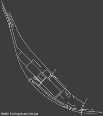 Detailed negative navigation white lines urban street roads map of the BRÜHL MUNICIPALITY of the German regional capital city of Esslingen, Germany on dark gray background
