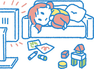 だらだらとテレビを観る女の子のイラスト