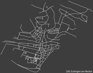 Detailed negative navigation white lines urban street roads map of the ZELL MUNICIPALITY of the German regional capital city of Esslingen, Germany on dark gray background